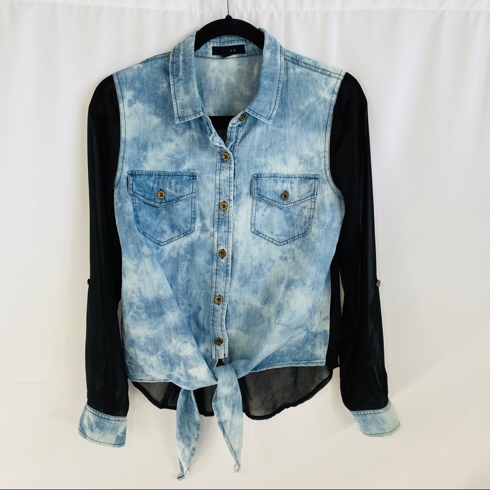MINE denim sheer button up blouse size small
